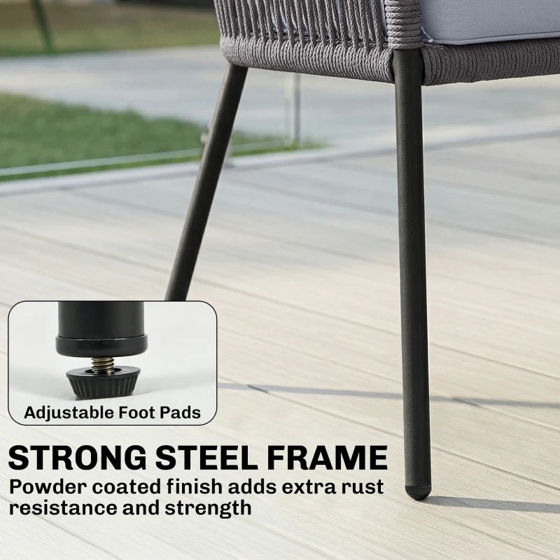 Outsunny 4 Piece Garden Furniture Set, Rope Garden Sofa Set with 1 Loveseat 2 Chairs Tempered Glass Table Cushions, Dark Grey