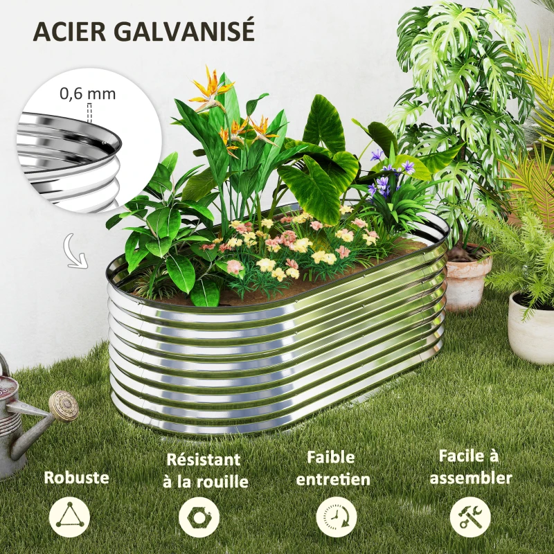 Outsunny Carré potager de jardin potager surélevé, résistant à la rouille en acier galvanisé 160 x 80 x 56 cm argent
