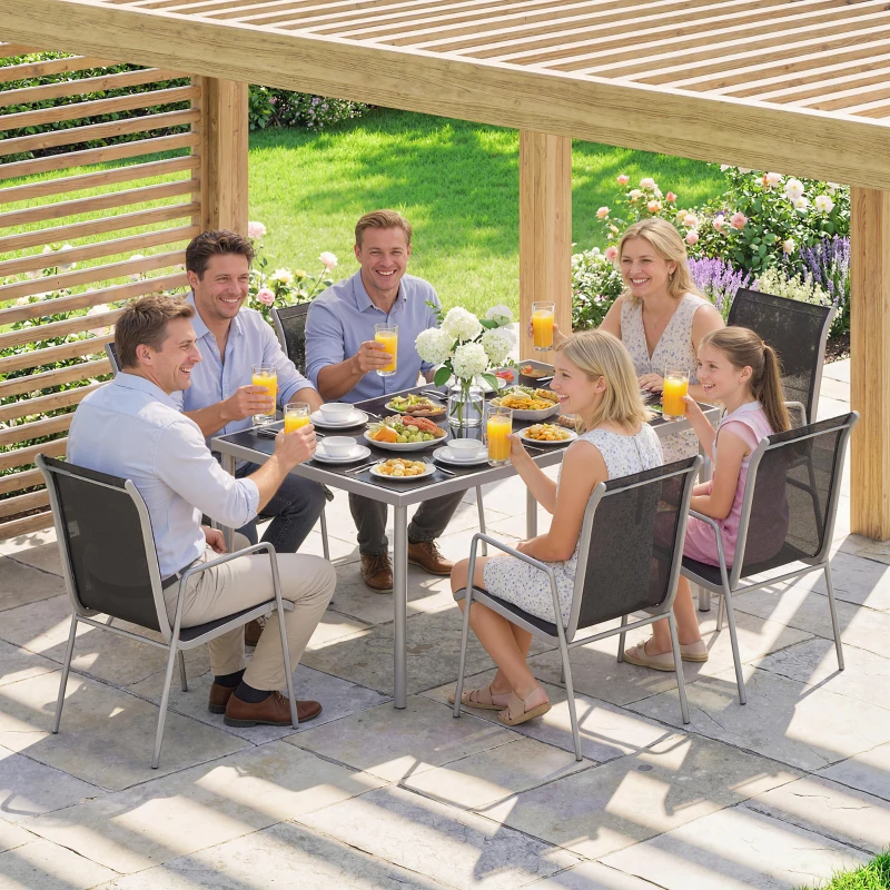 Outsunny Salon de Jardin 6 Personnes Ensemble Table et Chaises Jardin avec Chaises Empilables en Textilène 70x51x87cm Argent
