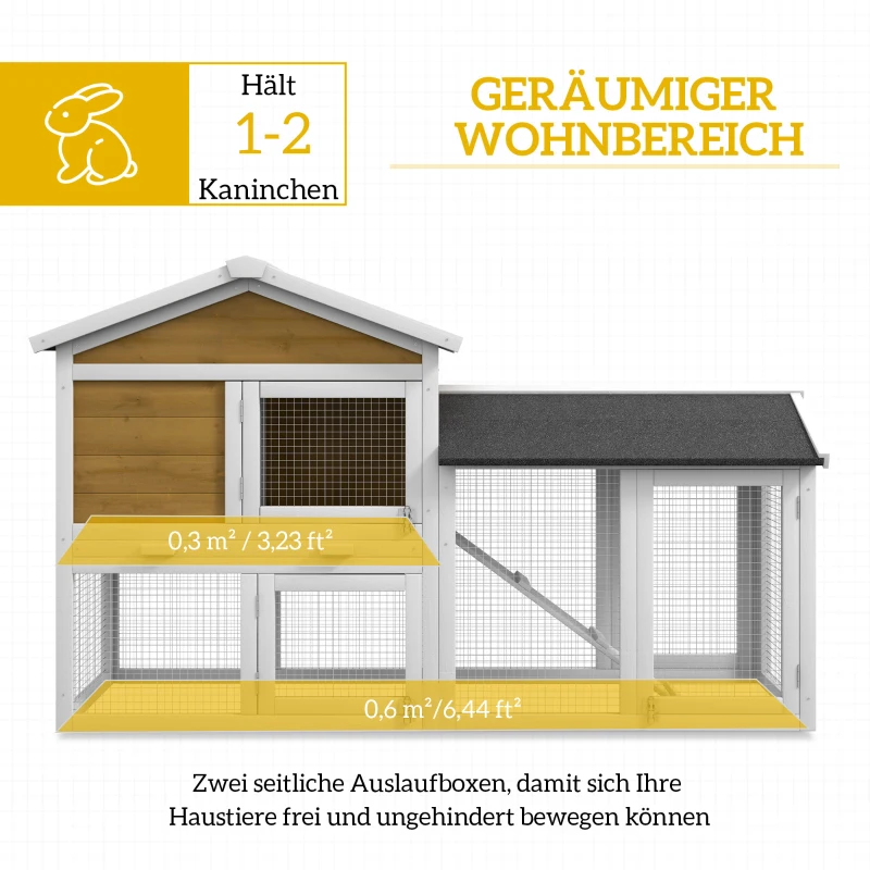 PawHut Hasenstall 2 Etagen Kaninchenstall Holz Kaninchenkäfig mit Bitumendach Freilaufgehege Rampe Türen 147x54x84 cm Gelb