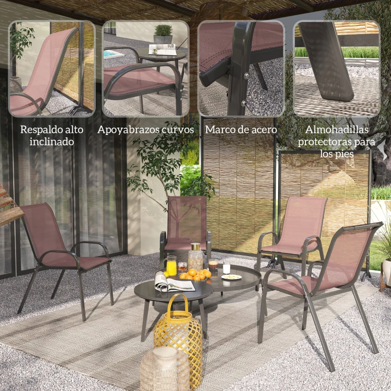 Outsunny Set de 4 Sillas de Exterior Apilables Asiento de Malla Respaldo Alto y Marco de Acero para Jardín Marrón Oscuro y Negro