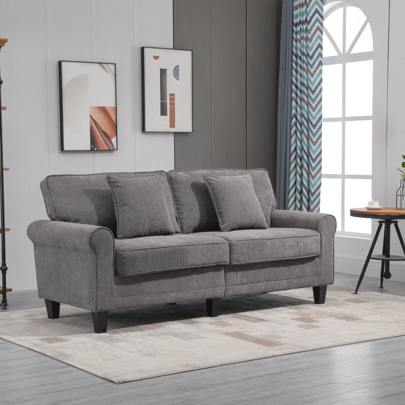 HOMCOM Canapé 3 places en tissu velours côtelé, canapé salon, 197 cm, avec accoudoirs et dossier rembourrées, canapé avec 2 oreillers, pieds en bois massif de pin, pour salon, chambre, bureau, gris