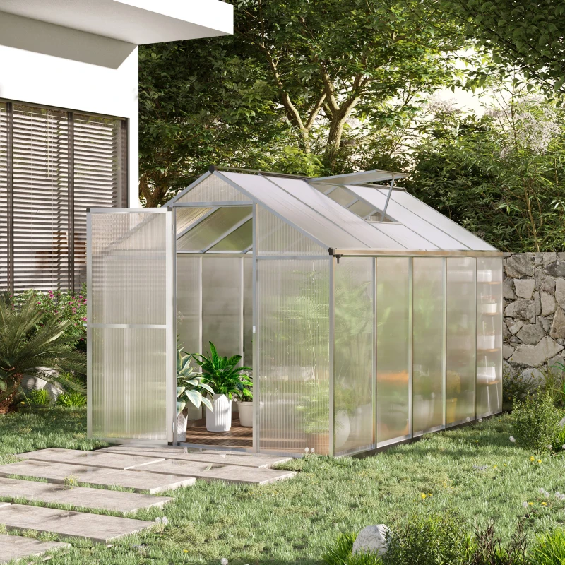 Outsunny Serre de jardin en aluminium polycarbonate, serre avec fenêtres supérieures réglables, porte battante, abri extérieur résistant aux intempéries pour plante fleur, 303x183x195 cm, transparent