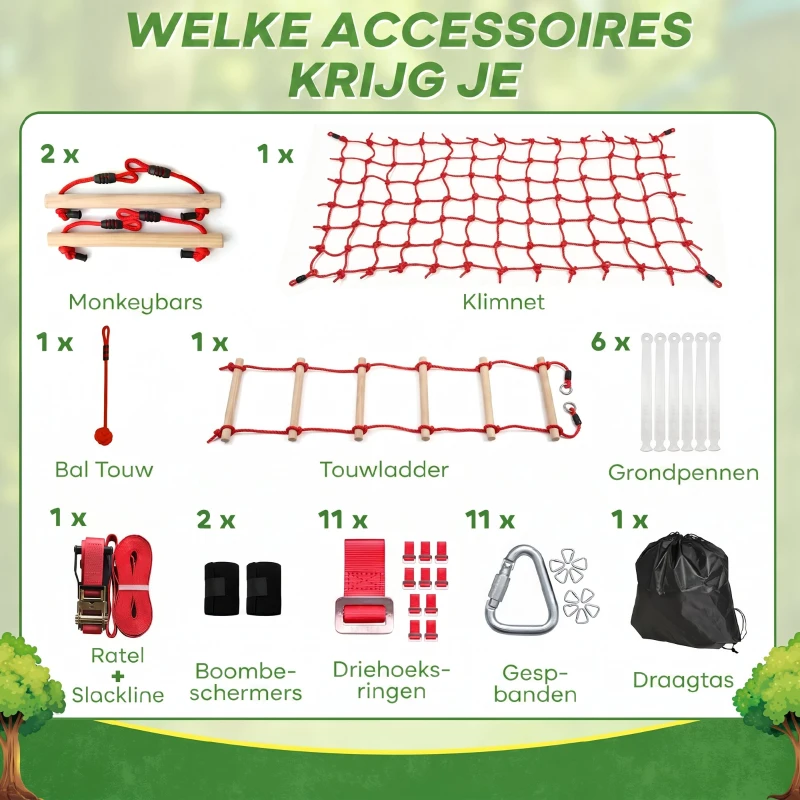 AIYAPLAY Ninja Line Kinderen 10m Slackline Set met turnringen schommel klimladder klimnet voor 3-6 jaar 1000x300x180 cm Rood