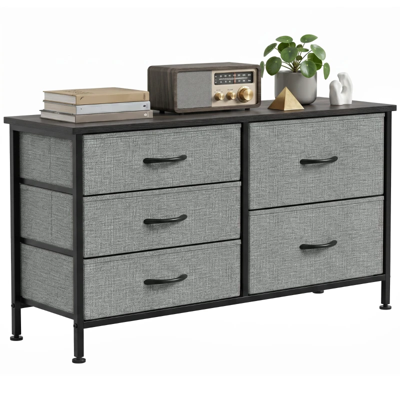 HOMCOM Cómoda con 5 Cajones de Tela Cómoda para Dormitorio Marco de Acero Cajonera para Salón Oficina Gris Oscuro y Negro