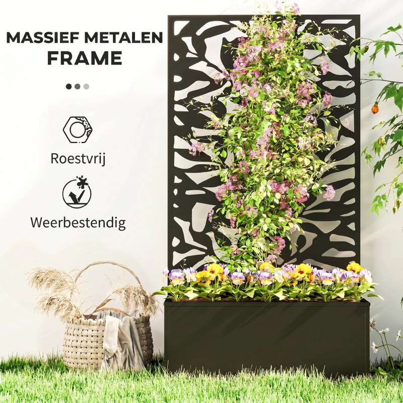 Outsunny hoogbed met privacy-paneel, klimrek, metaal, zwart