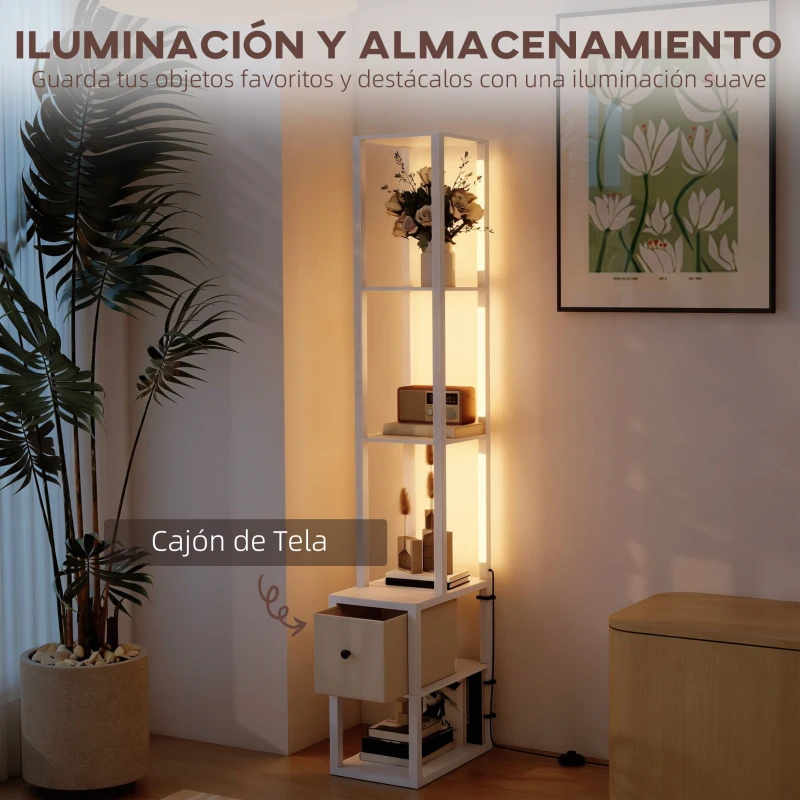 HOMCOM Lámpara de Pie Moderna con Estantes Abiertos Cajón de Tela e Interruptor de Pie para Dormitorio Sala de Estar Blanco