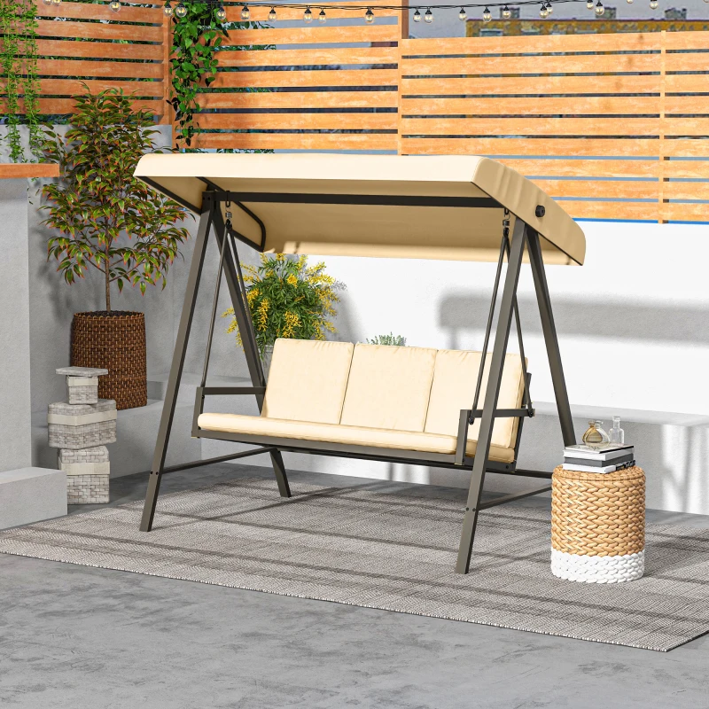 Outsunny Hollywoodschommel Tuinschommel Schommelbank, verstelbaar zonnedak, 200 cm x 125 cm x 175 cm, Beige + Bruin