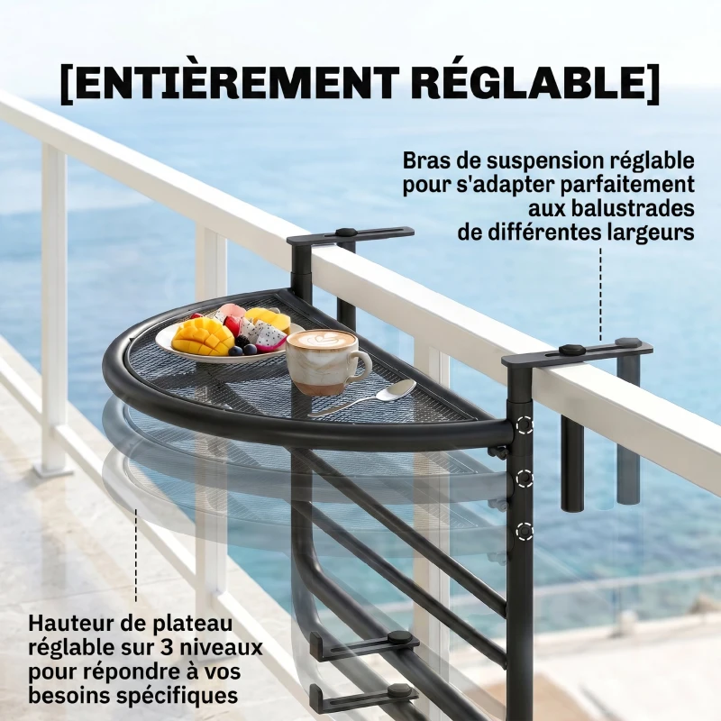 Outsunny Table Suspendue pour Balcon dim. 60L x 45l cm Hauteur réglable 3 Niveaux métal époxy Noir