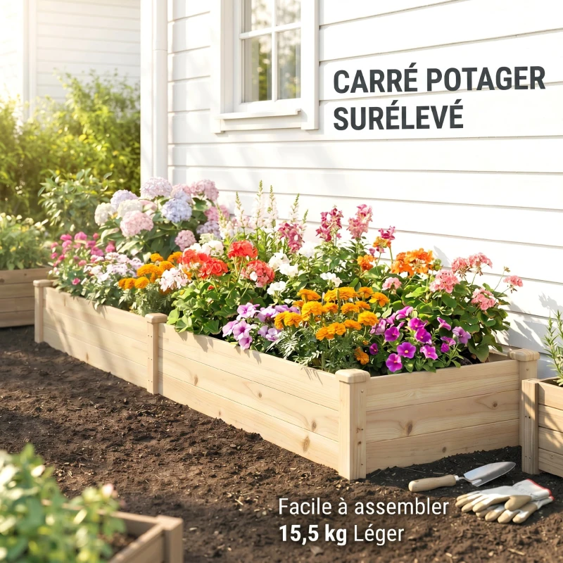 Outsunny Carré Potager de Jardin dim. 244 x 61,5 x 27 cm Feutre de Drainage, séparation Inclus Bois de Sapin