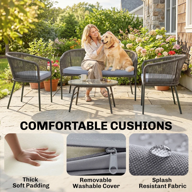 Outsunny 4 Piece Garden Furniture Set, Rope Garden Sofa Set with 1 Loveseat 2 Chairs Tempered Glass Table Cushions, Dark Grey