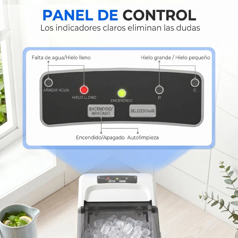 HOMCOM Máquina de Hielo Autolimpiable 12 kg/24H 9 Cubitos Listos en 7 Minutos 2 Tamaños de Hielo 1,5L Depósito Blanco