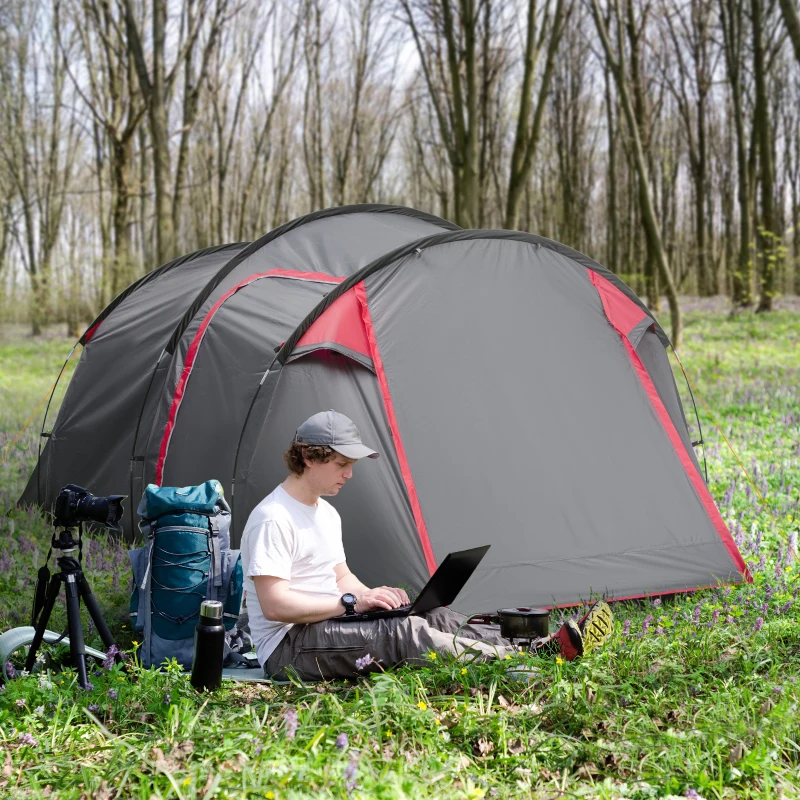 Outsunny Tente de camping familiale 2-3 personnes tente tunnel étanche légère ventilée facile à monter chambre salon 3 portes fenêtres 4,26 x 2,06 x 1,54 m fibre verre polyester PE girs foncé rose