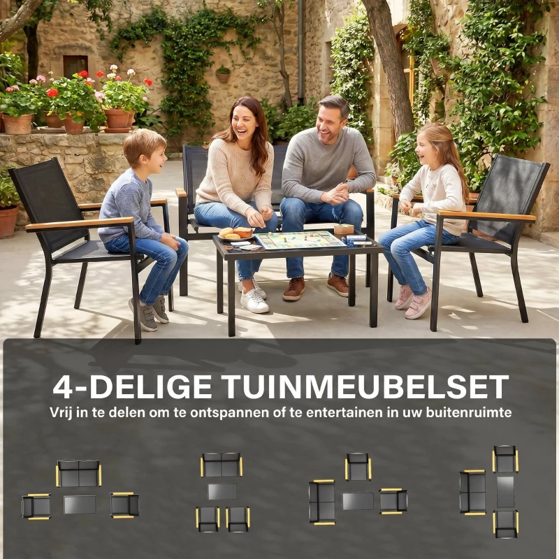 Outsunny Tuinmeubelset Metaal Zitgroep voor 4 Personen met Tweezitsbank, Stoelen en Salontafel 110x63,5x84 cm - Zwart