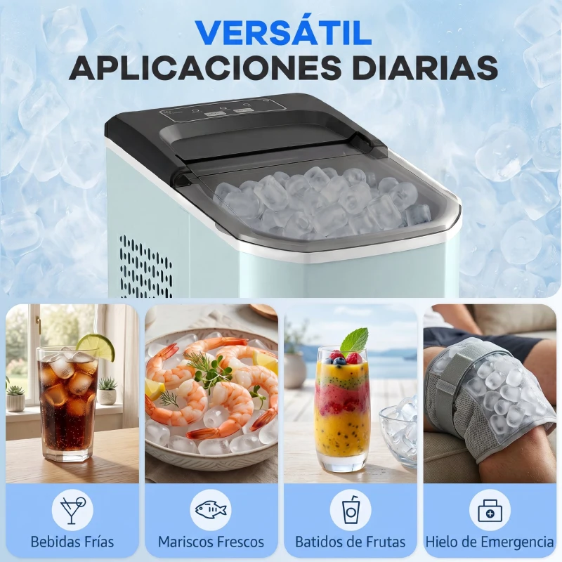 HOMCOM Máquina de Cubitos de Hielo Autolimpiable 12 kg/24H 9 Cubitos Listos en 7 Minutos 2 Tamaños de Hielo 1,5L Depósito Azul