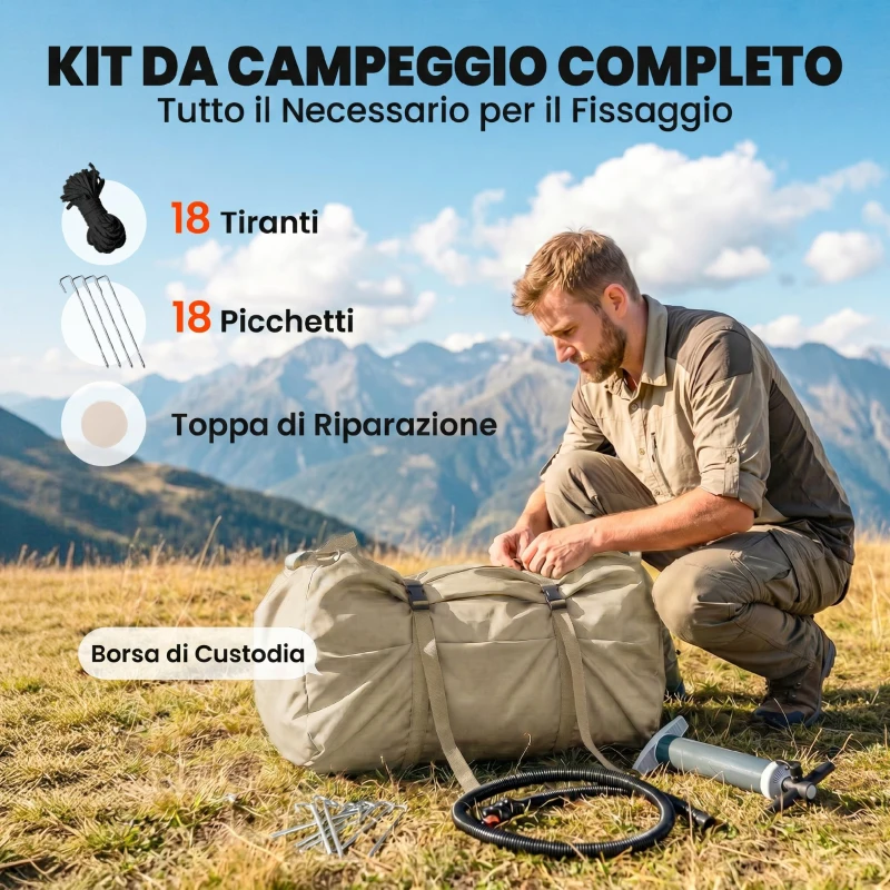 Outsunny Tenda da Campeggio Gonfiabile con Pompa, Impermeabile 3000mm e Antivento, Cachi