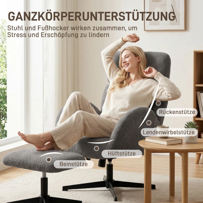 HOMCOM Drehbarer Sessel mit Fußhocker, höhenverstellbarer Akzentstuhl mit verstellbarer Kopfstütze, Schaukel-Funktion, Grau