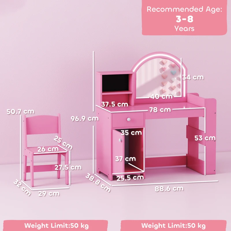 AIYAPLAY Kids Vanity Table and Chair Set, Girls Dressing Table with 2-Colour LED Mirror, Stool, Cabinet, Drawer, Shelves, Pink
