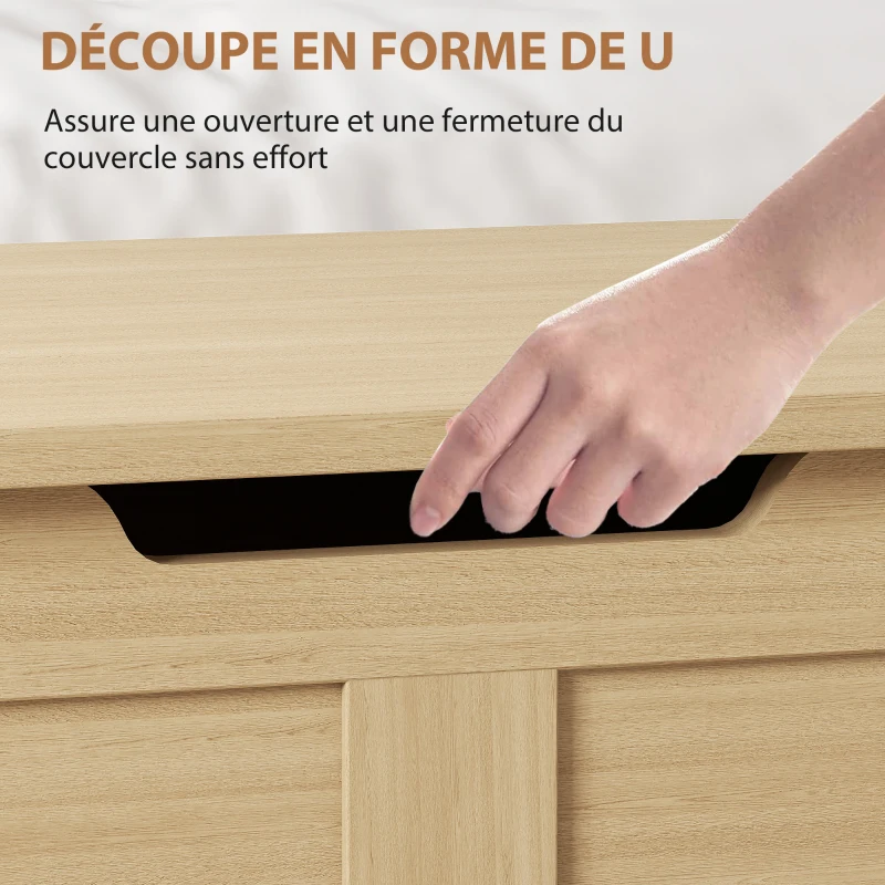 HOMCOM Coffre de rangement, banc de rangement avec couvercle rabattable et charnières de sécurité, 80 x 40 x 45 cm, bois naturel