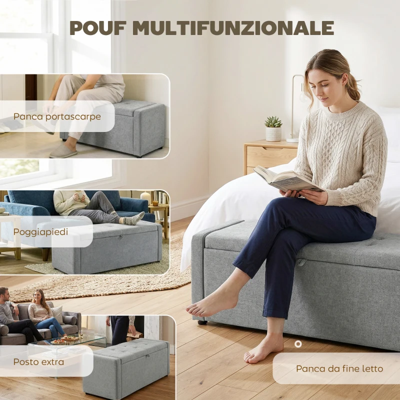 HOMCOM Cassapanca 142L Pouf Contenitore, Seduta Ampia Imbottita, in Lino, Capacità 200 kg, Grigio Chiaro