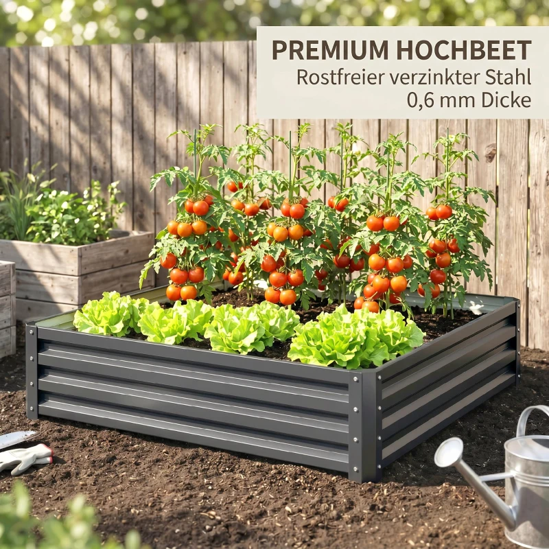 Outsunny Gartenbeet, Pflanzkasten mit Stahlgehäuse, Hellgrau, 120 x 120 x 30 cm