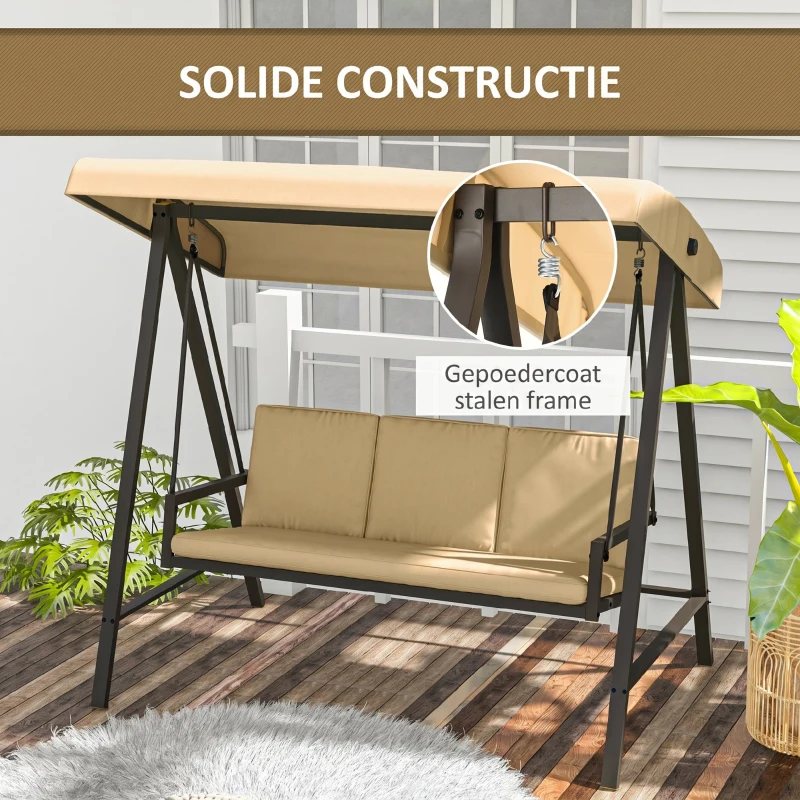 Outsunny Hollywoodschommel Tuinschommel Schommelbank, verstelbaar zonnedak, 200 cm x 125 cm x 175 cm, Beige + Bruin