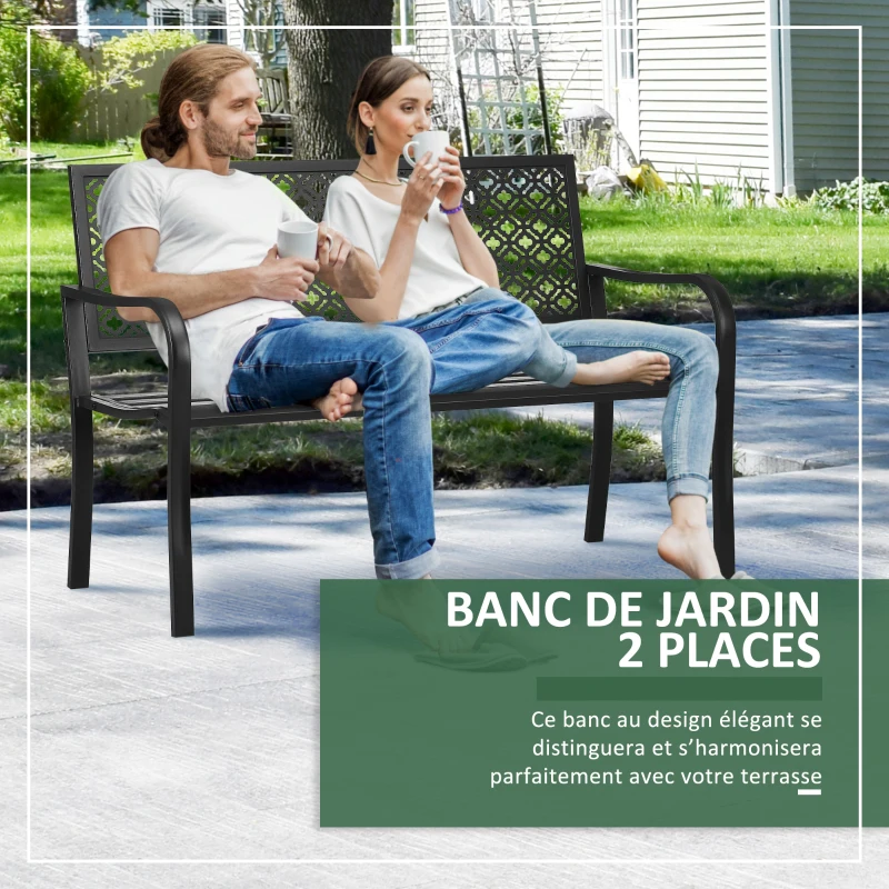 Outsunny Banc de jardin banc extérieur jardin en acier avec dossier à motif floral pour 2 personnes 127 x 63 x 83 cm noir