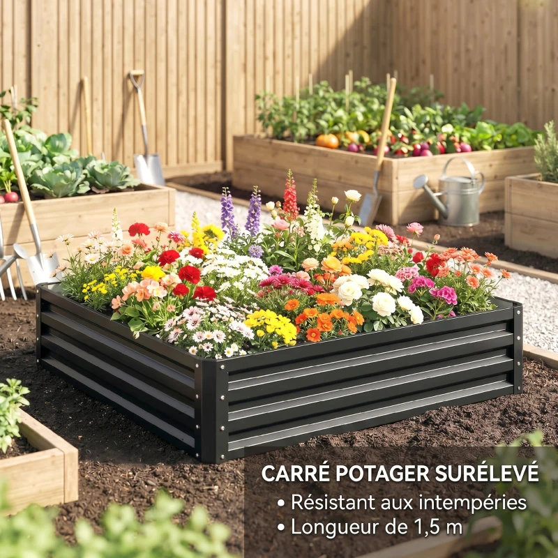 Outsunny Carré potager de jardin acier galvanisée 120 x 120 x 30 cm gris