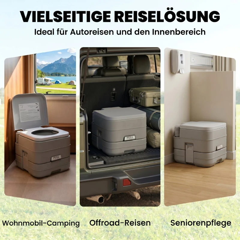 HOMCOM Outdoor-WC, tragbare Toilette, Abfalltank, Spültank, Kunststoff, Deckel, Grau