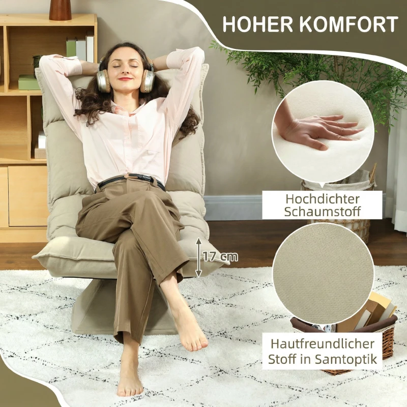 HOMCOM Chaise de sol pivotante à 360°, fauteuil pliable en velours avec dossier réglable 5 positions, 70x62x95cm, beige