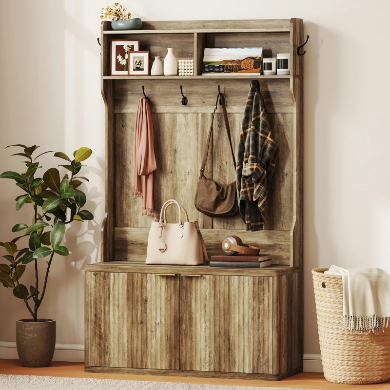 HOMCOM Perchero Zapatero 4 en 1 Perchero Moderno con Estante Abierto para Pasillo Entrada Dormitorio 100x38x172 cm Roble