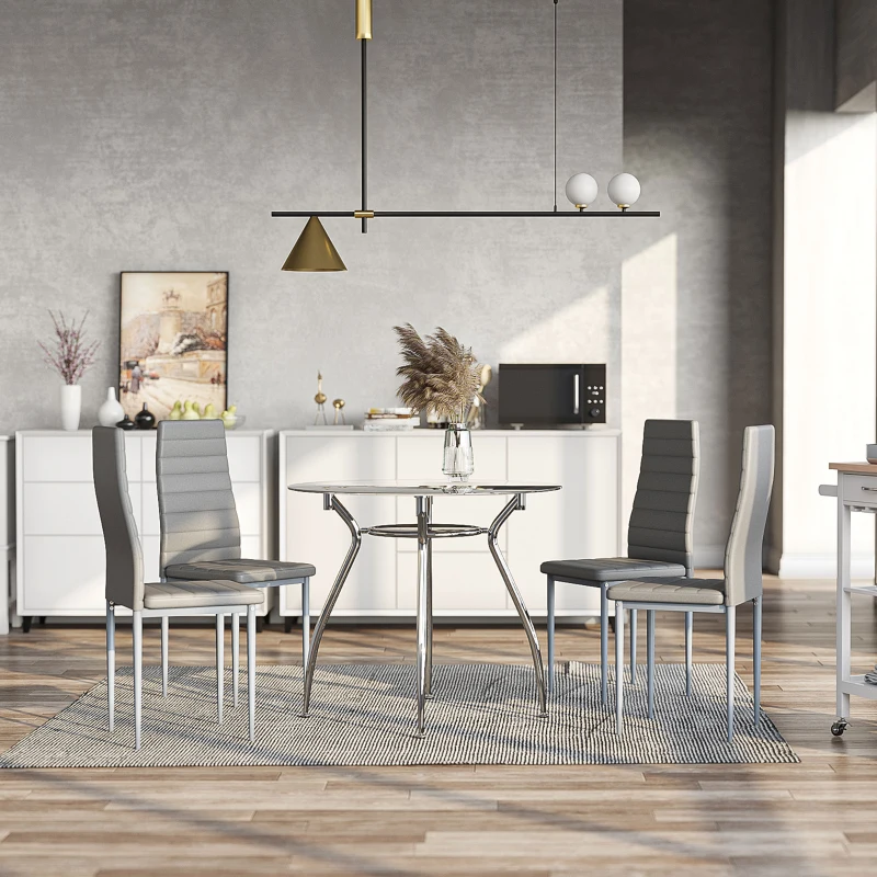 HOMCOM Conjunto de Refeição Mesa e 4 Cadeiras Conjunto de 5 peças Mesa Redonda de Vidro Temperado Ø90x75 cm e 4 Cadeiras 42x52x96 cm Cinza