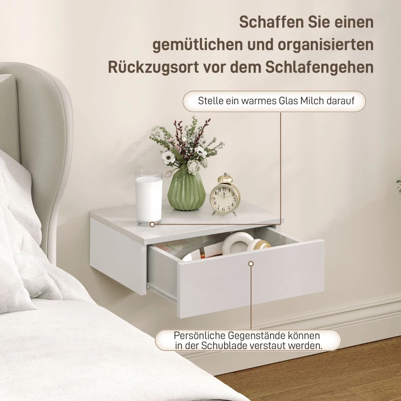 HOMCOM 2er-Set Nachttische, wandmontiertes Design, Schublade, für Schlafzimmer, Spanplatte, Weiß