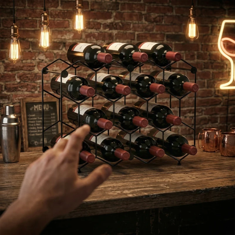 HOMCOM Stojak na wino na 13 butelek z metalową konstrukcją i wzorem plastra miodu, regulowane nóżki, zabezpieczenie przed przewróceniem, czarny, 43 x 15,5 x 31 cm