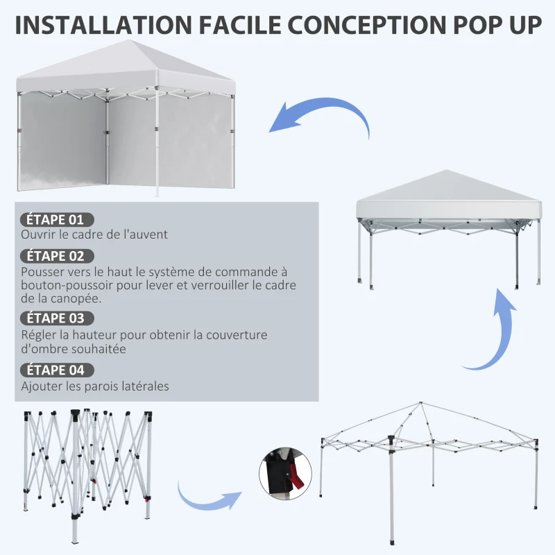 Outsunny Tonnelle de jardin pop-up réglable en hauteur protection 2 parois latérales sac de transport 297 x 297 x 288 cm blanc