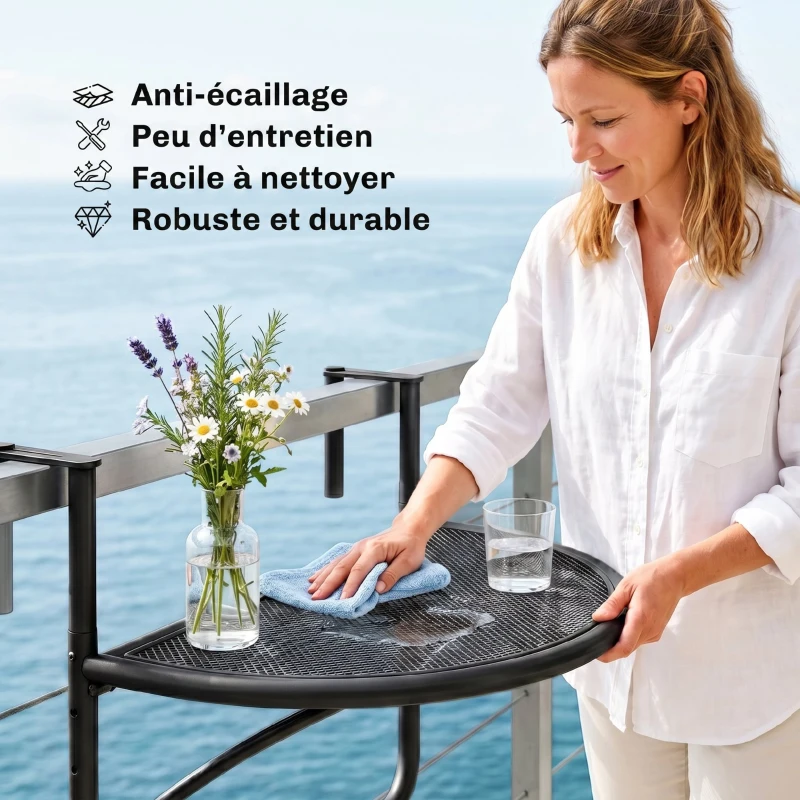 Outsunny Table Suspendue pour Balcon dim. 60L x 45l cm Hauteur réglable 3 Niveaux métal époxy Noir