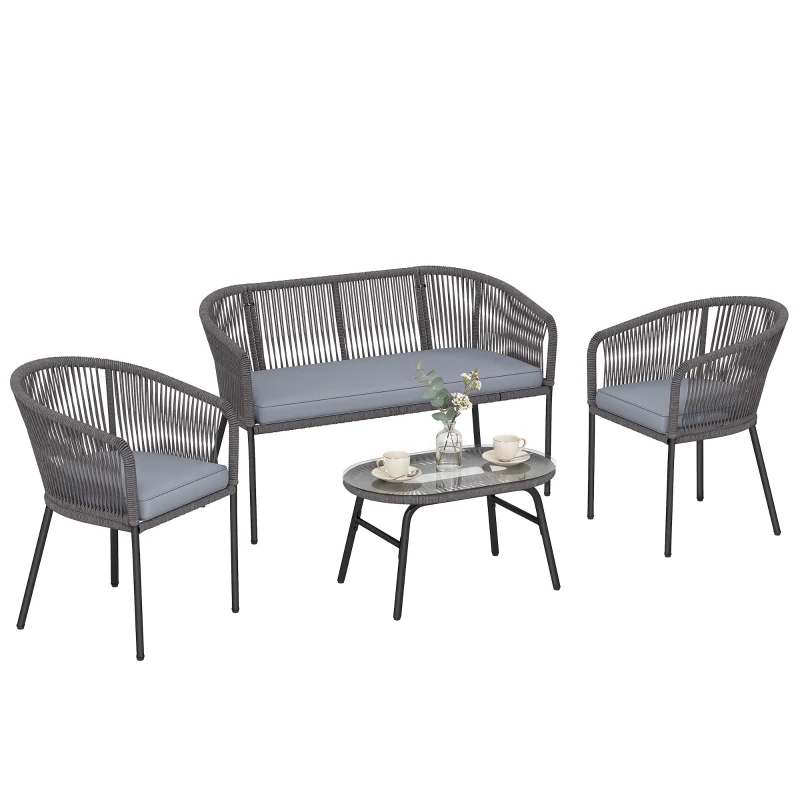 Outsunny 4 Piece Garden Furniture Set, Rope Garden Sofa Set with 1 Loveseat 2 Chairs Tempered Glass Table Cushions, Dark Grey