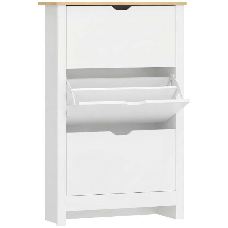 HOMCOM Armoire à Chaussures 3 Portes abattantes 2 Compartiments Panneaux Particules Blanc chêne
