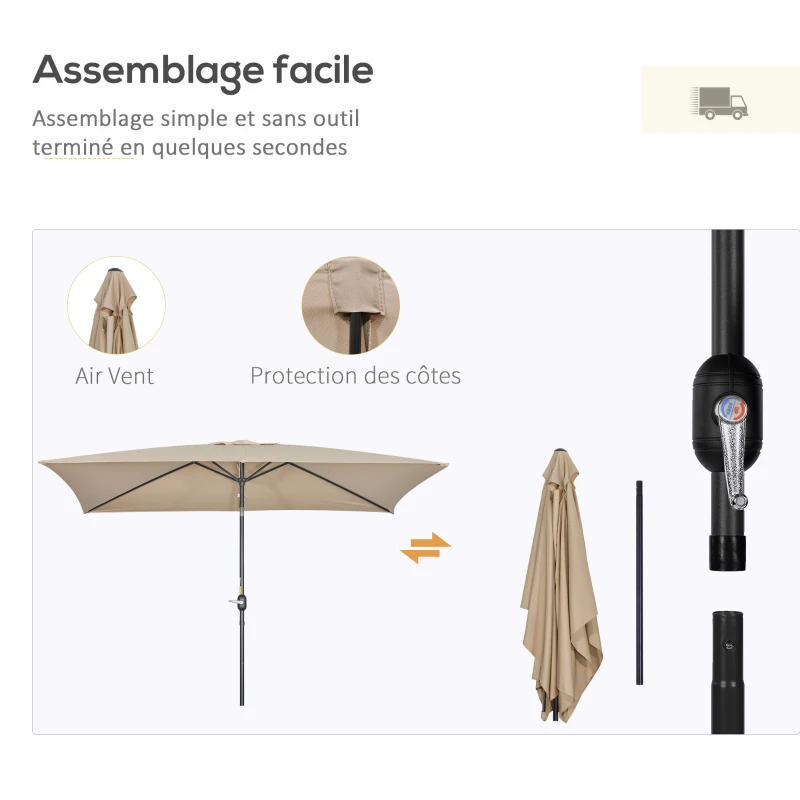 Outsunny Parasol inclinable rectangulaire aluminium polyester haute densité 3 x 2 m kaki