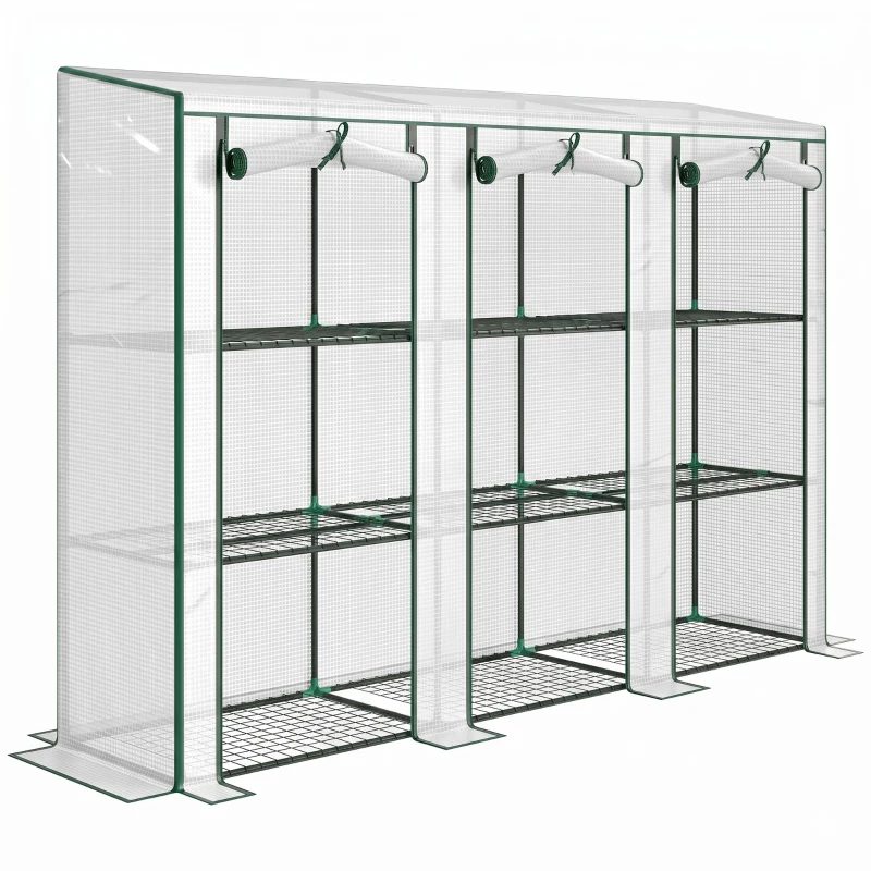 Outsunny Serre de jardin avec étagères à 3 niveaux serre de balcon 3 portes enroulables zippées 215 x 46 x 151 cm blanc