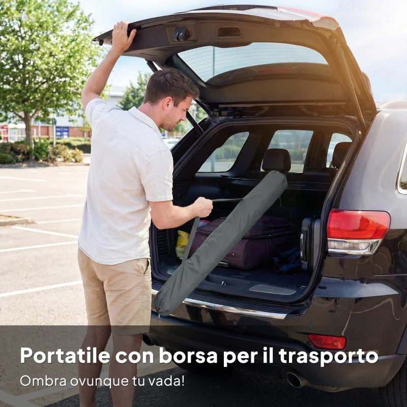 Outsunny Ombrellone da Spiaggia Inclinabile con Ancora per la Sabbia e Borsa da Trasporto, Ø150x185 cm, Grigio Scuro