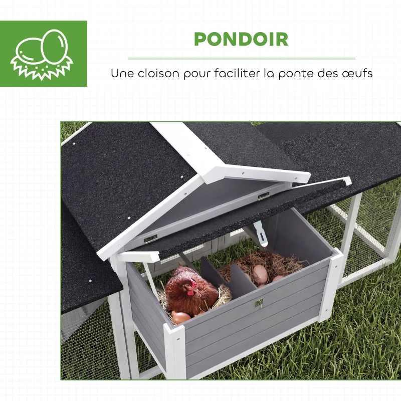 PawHut Poulailler clapier modèle chalet multi-équipé : rampes, nichoirs, plateau, en bois massif 204 x 85 x 93 cm gris