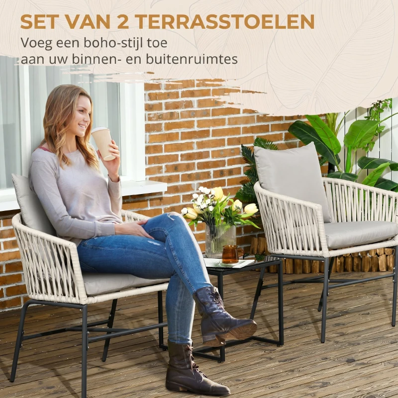 Outsunny Terrasstoel 2-delige set, Boho-stijl, comfortabele zitting, zitkussens, wasbare hoes, metalen frame, Grijs/Beige