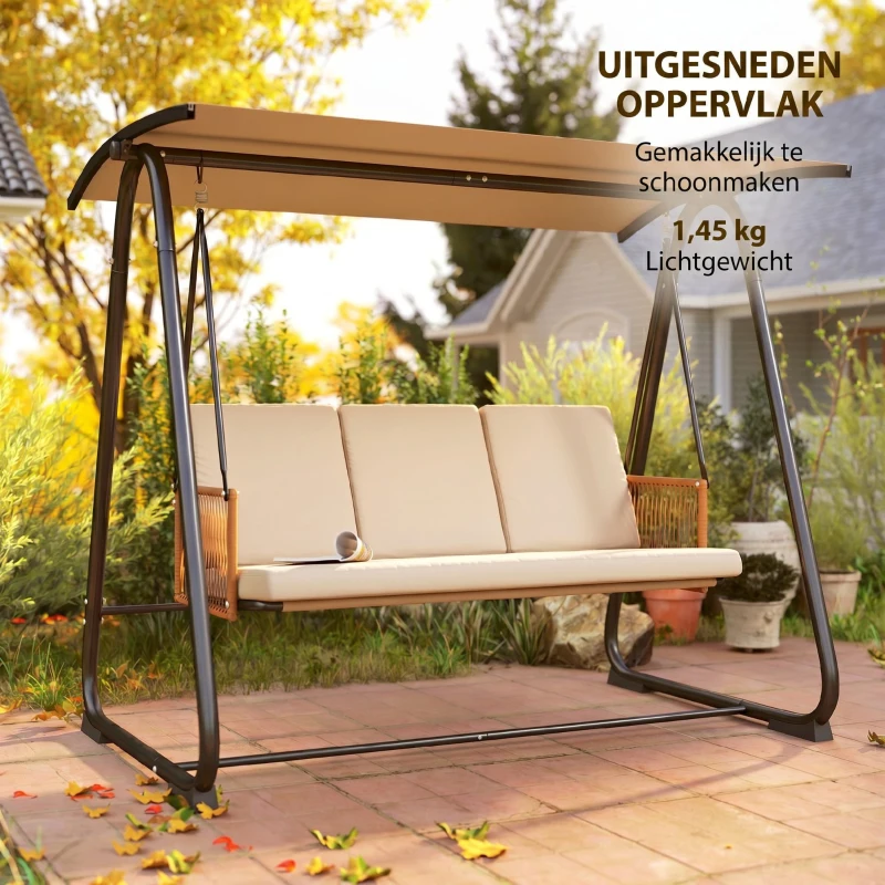 Outsunny Hollywoodschommel, 3-zits tuinbank met verstelbare zonneluifel, afneembare ademende zitkussens