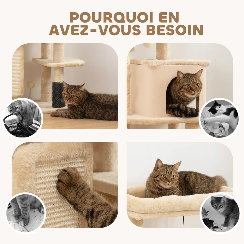 PawHut Arbre à Chat, Tour de Jeux, Hauteur de 104 cm, avec Lit, Maison, Brosse de Toilettage, 44l x 34P x 104H cm, Beige