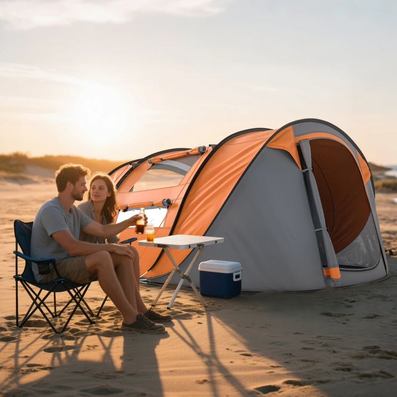 Outsunny Tenda da Campeggio Pop Up 2 Posti con 2 Porte, 4 Finestre e Telo Impermeabile, 263.5x220x123 cm, Arancione