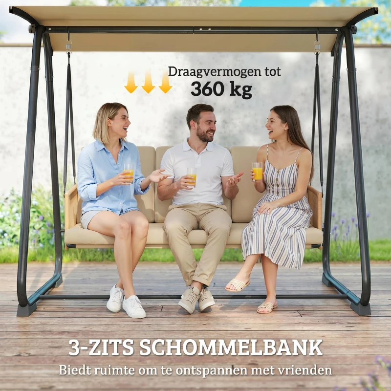 Outsunny Hollywoodschommel, 3-zits tuinbank met verstelbare zonneluifel, afneembare ademende zitkussens