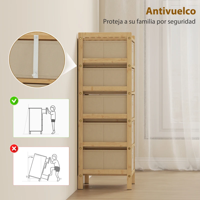 HOMCOM Cómoda con 5 Cajones de Tela Estructura de Bambú Cajonera para Espacios Pequeños Crema y Natural