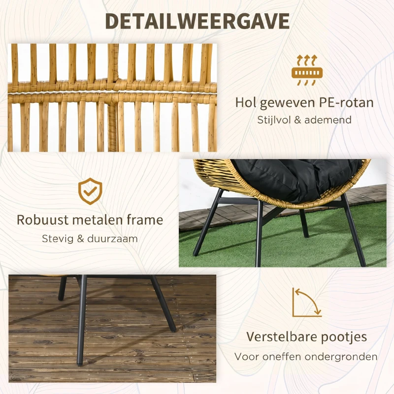 Outsunny Rotan Stoel Buitenshuis Tuinstoel, PE-Rotan, 89 cm x 75 cm x 143 cm, Natuur + Zwart