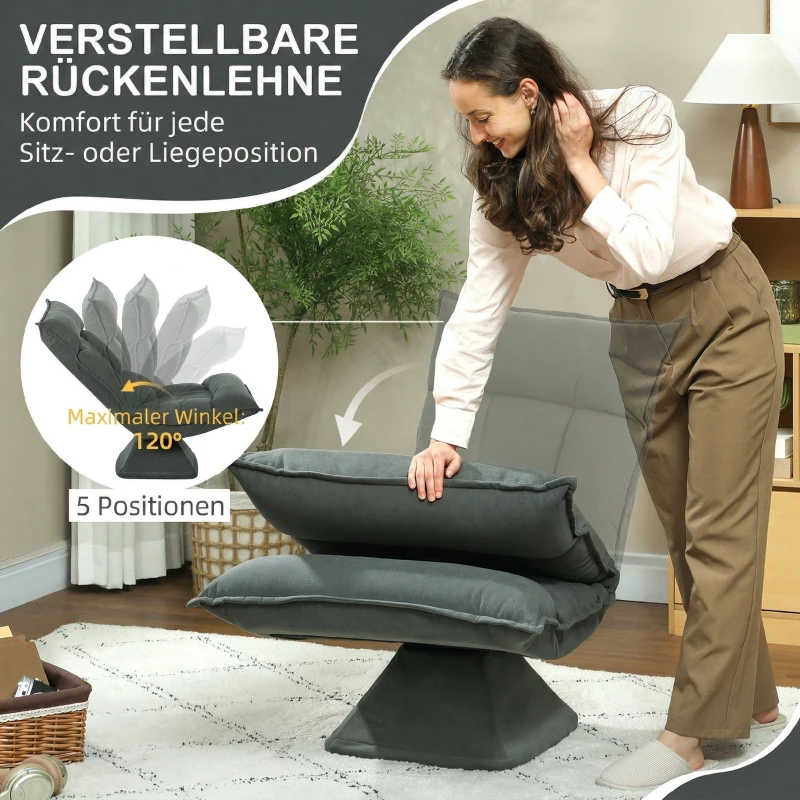HOMCOM Chaise de sol pivotante à 360°, fauteuil pliable en velours avec dossier réglable 5 positions, 70x62x95cm, gris foncé